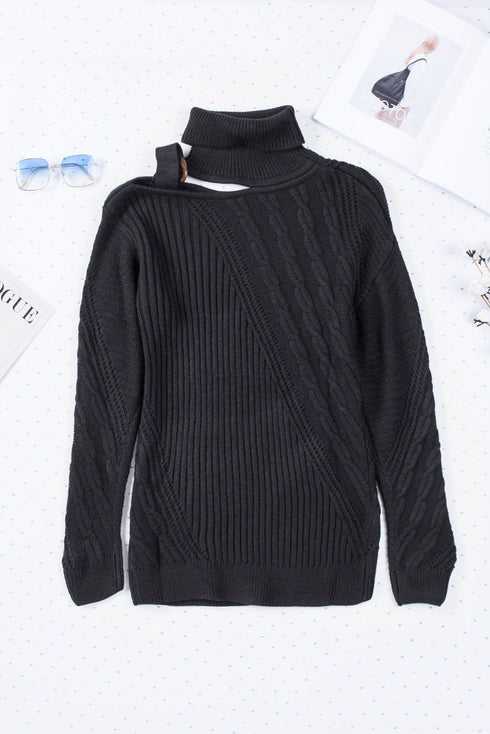 Strapped Cut Out Shoulder Turtleneck Sweater